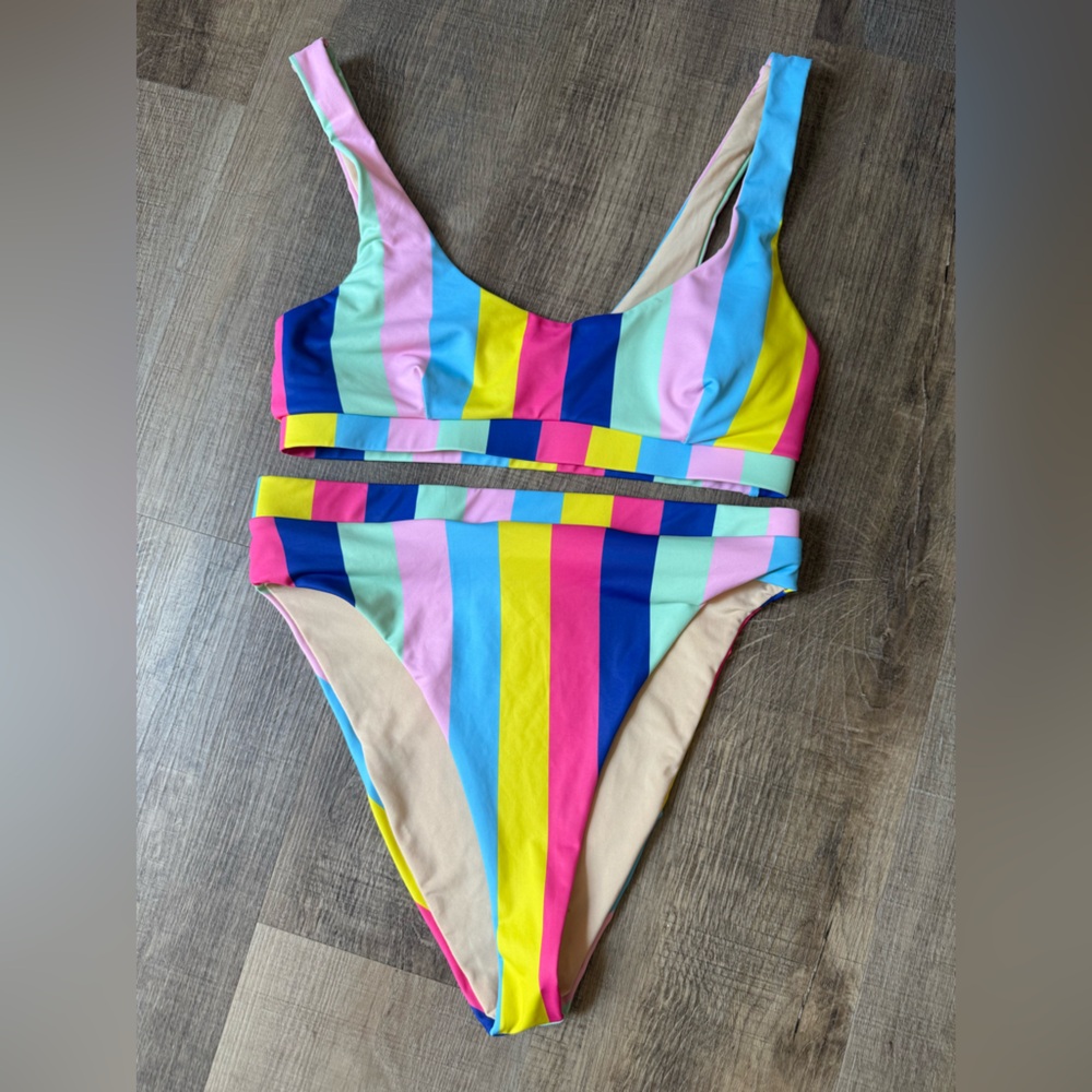 Blushing brunette Colorful Striped Swim Set